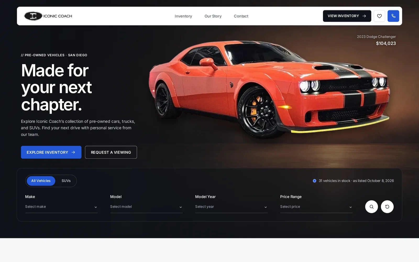 Iconic Coach home page: an orange Dodge Challenger beside the headline Made for your next chapter, with Explore Inventory and Request a Viewing buttons above a vehicle search.