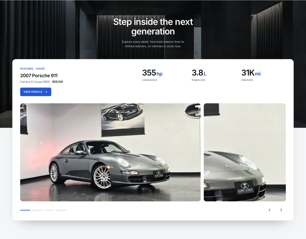 Iconic Coach featured vehicle showcase: a 2007 Porsche 911 with its key figures and photos.