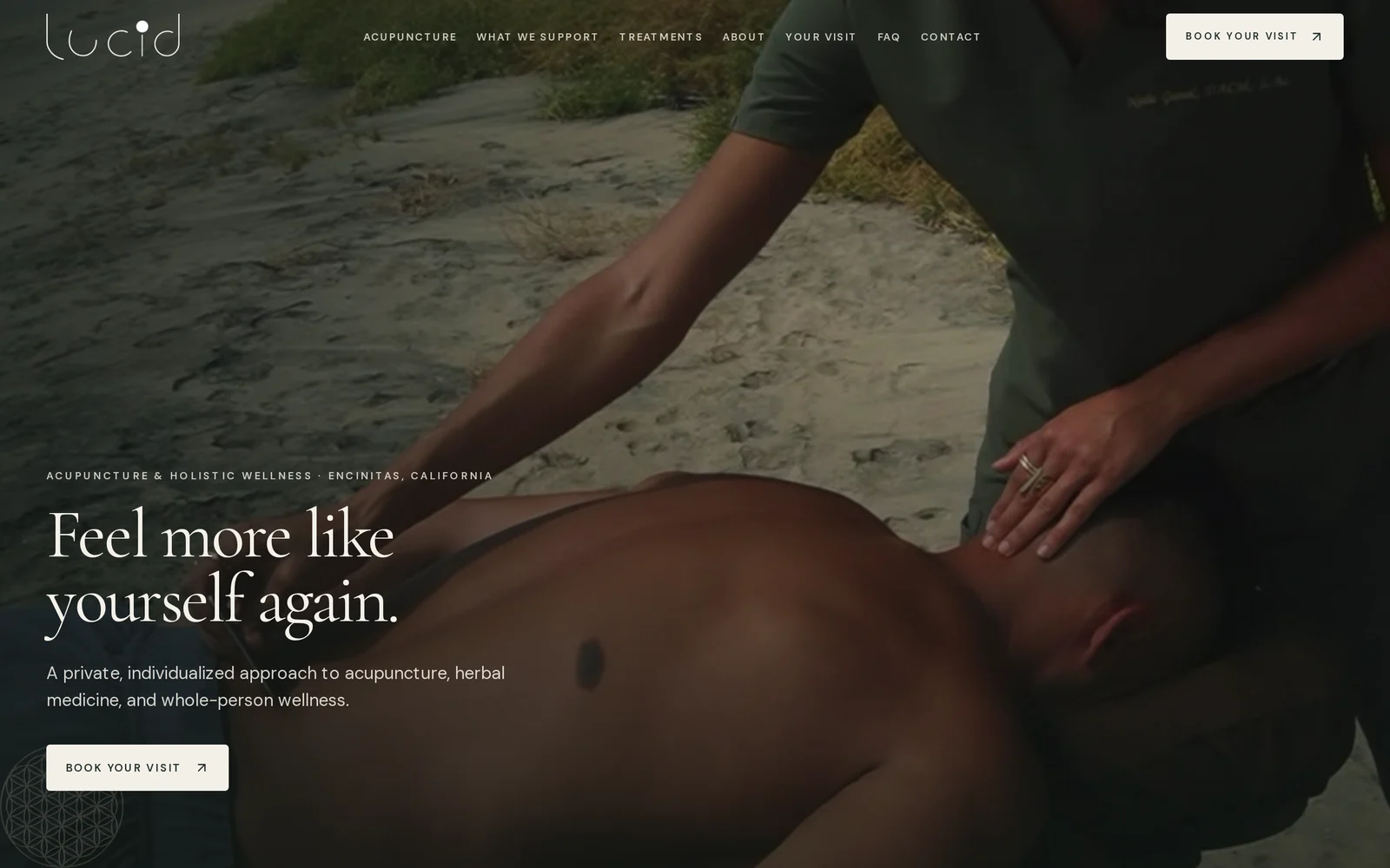 Lucid home page: a photograph of an acupuncture treatment on the beach, the headline Feel more like yourself again, and a Book Your Visit button.
