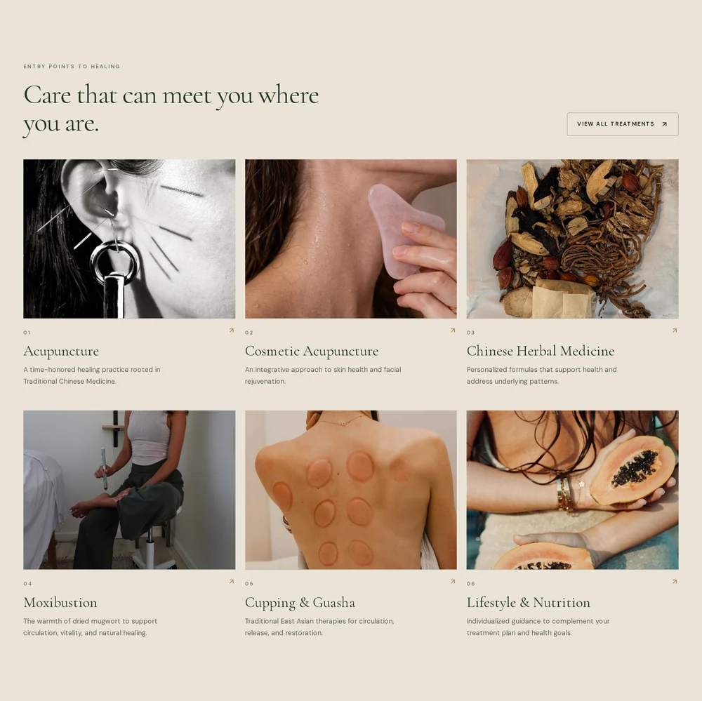 Lucid treatments section: six treatments, each with its own photograph, from acupuncture to lifestyle and nutrition.