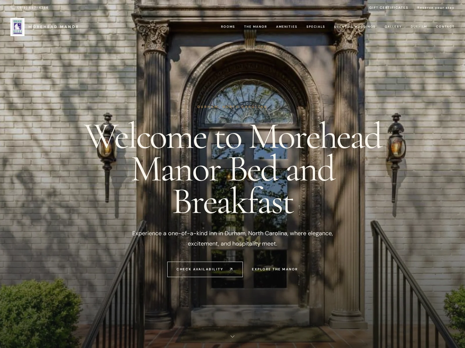 Morehead Manor home page: the inn’s columned entrance behind the headline Welcome to Morehead Manor Bed and Breakfast, with Check Availability and Explore the Manor buttons.