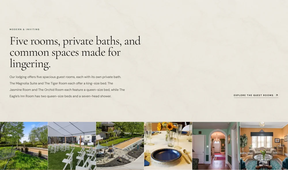 Morehead Manor rooms section in a large serif, followed by a run of photographs of the grounds and interiors.