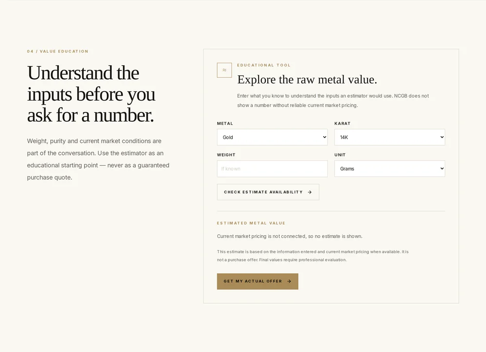 NCGB value education section with the raw metal value estimator and a Get My Actual Offer button.