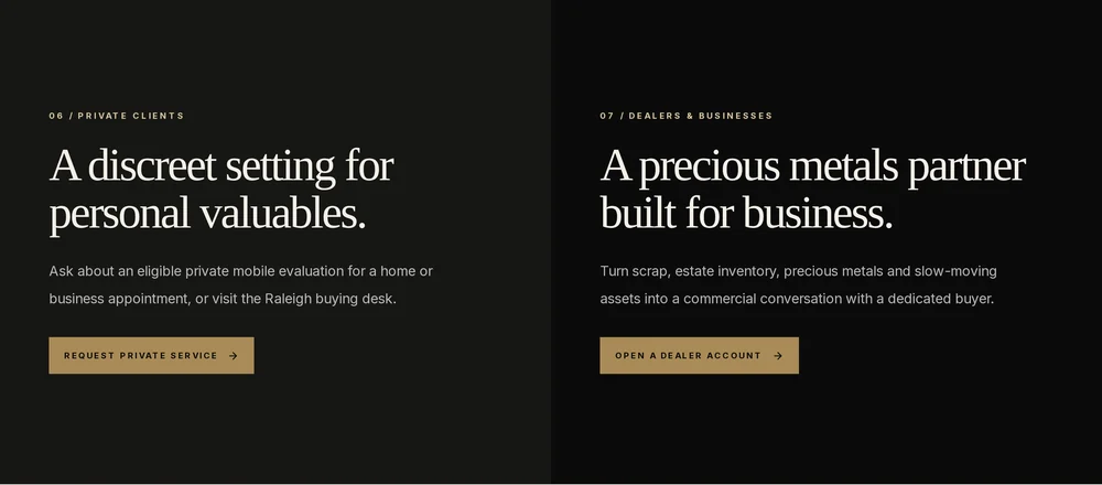 NCGB split section: a discreet setting for personal valuables beside a precious metals partner built for business, each with its own button.
